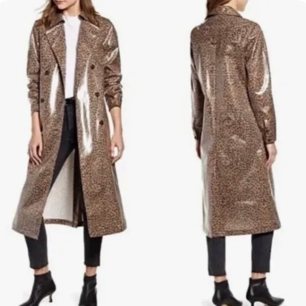 NWT Something Navy leopard print water resistant coated trench rain coat sz XXS